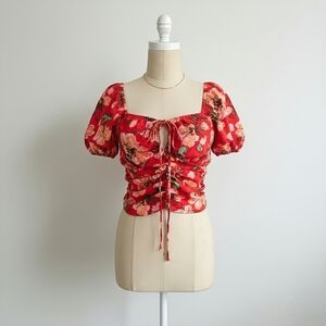 H&M Red Cropped Floral Puff Sleeve Blouse